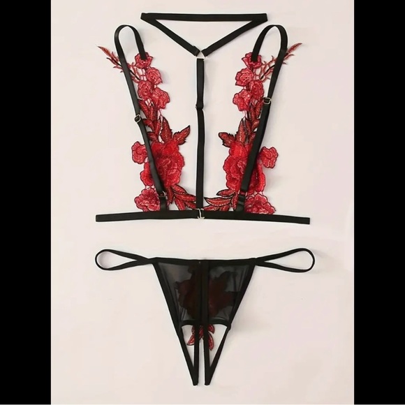 Black & Red Rose, Kink Strapped, Lingerie Set - Picture 6 of 12